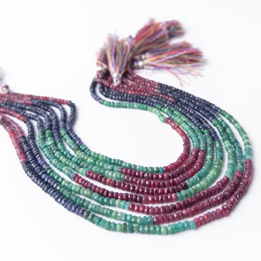 Dyed Corundum faceted rondelle beads in assorted 3.7–5mm sizes, high‑quality gemstone beads for artisan jewellery creators.
