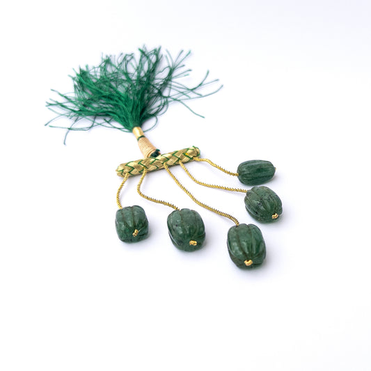 Authentic emerald gemstone beads showcasing rich green colour and intricate carved craftsmanship.