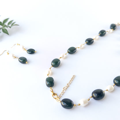 Handmade jewellery components featuring Emerald and Freshwater Pearls with consistent sizing and bright lustre in a full set.