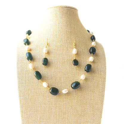 Emerald and Freshwater Pearl smooth‑tumble necklace set showing rich green tones and pearlescent shine in a 50cm design.
