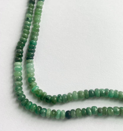 Emerald smooth rondelle beads in deep green tones, arranged on a 32cm strand.