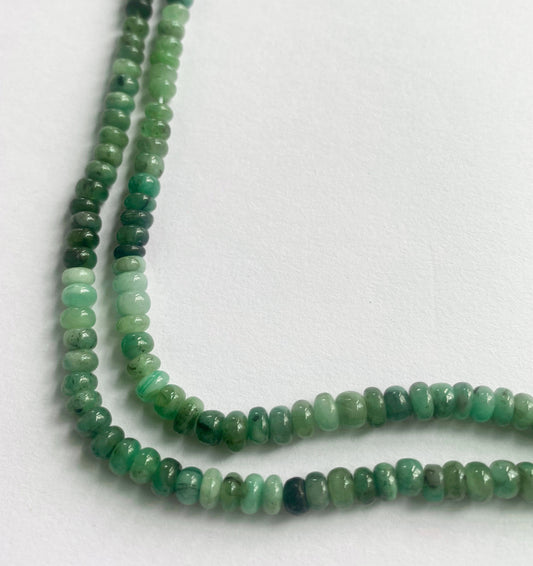 Emerald smooth rondelle beads in deep green tones, arranged on a 32cm strand.