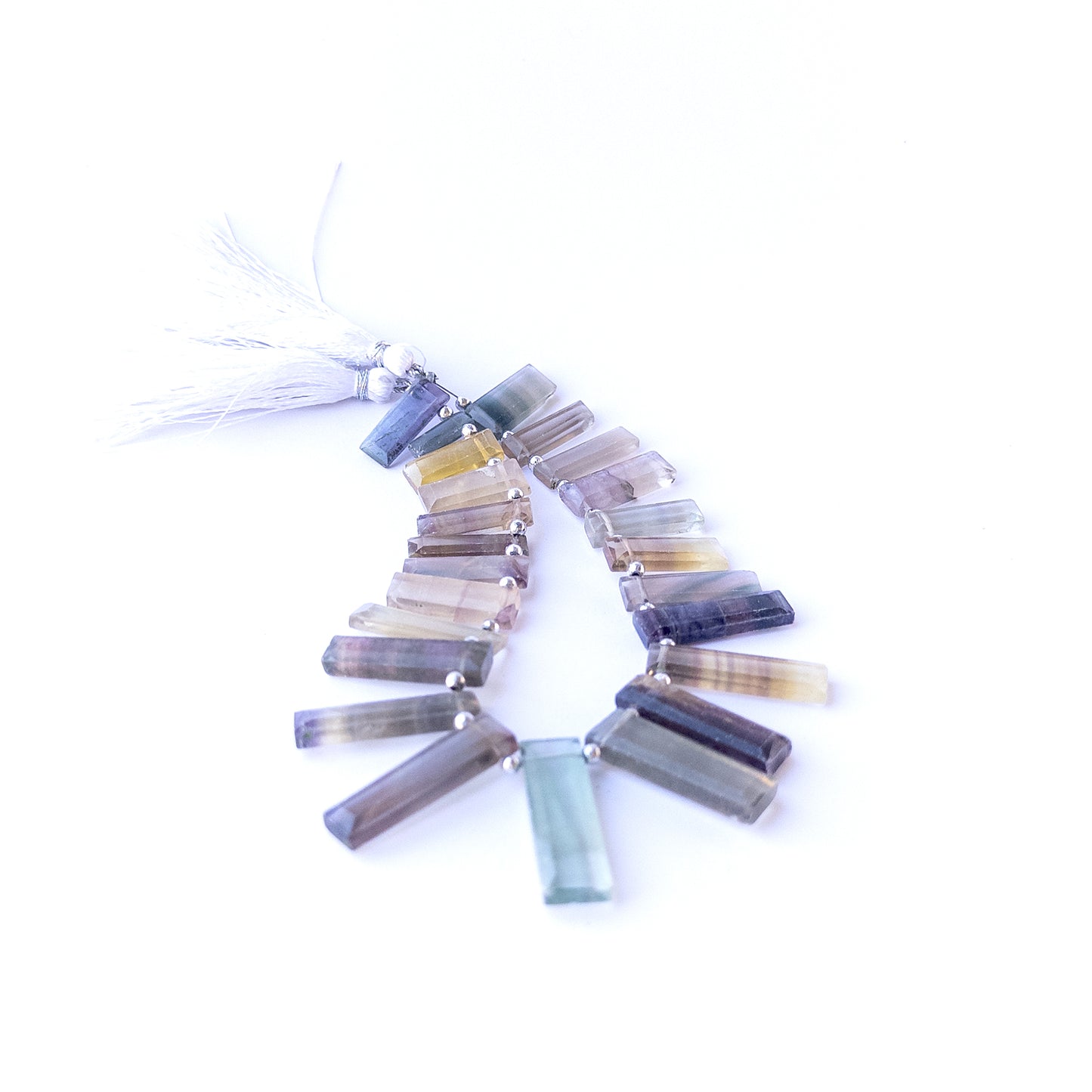 Handmade jewellery components featuring natural fluorite faceted rectangles with vibrant tones and polished sparkle.