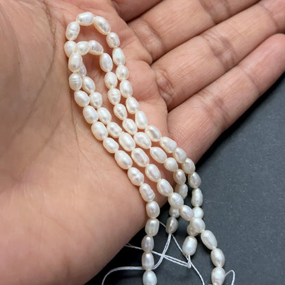 A person holds delicate strands of Freshwater Pearls beads, showcasing their smooth design.