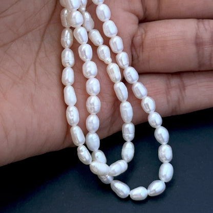 A person holds delicate strands of Freshwater Pearls beads, showcasing their smooth design.