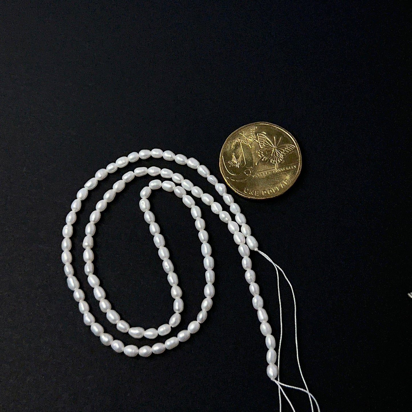 A coin is place near delicate strands of Freshwater Pearl beads for scale.