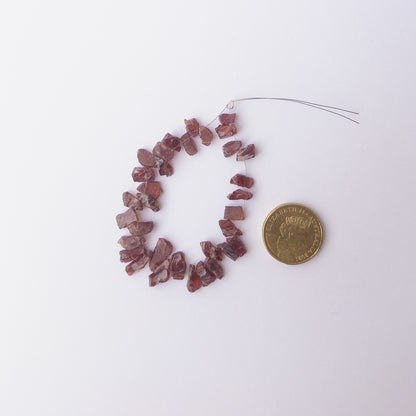 A coin is place near delicate pieces of Garnet beads for scale.