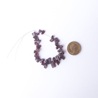 A coin is place near delicate pieces of Garnet beads for scale.