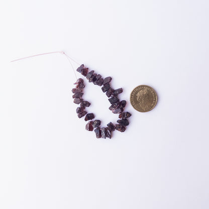 A coin is place near delicate pieces of Garnet beads for scale.
