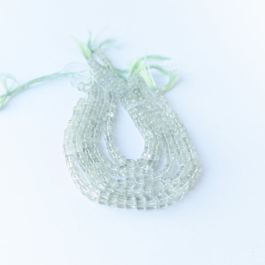 Natural Green Amethyst smooth cube beads showing pale green tones and uniform 4.2–4.5mm sizing for DIY jewellery.