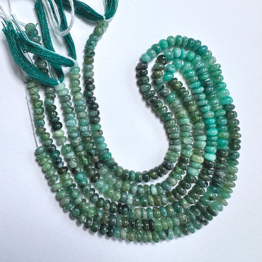 Green Emerald rondelle beads with polished finish and vibrant green tones on a 32cm strand.
