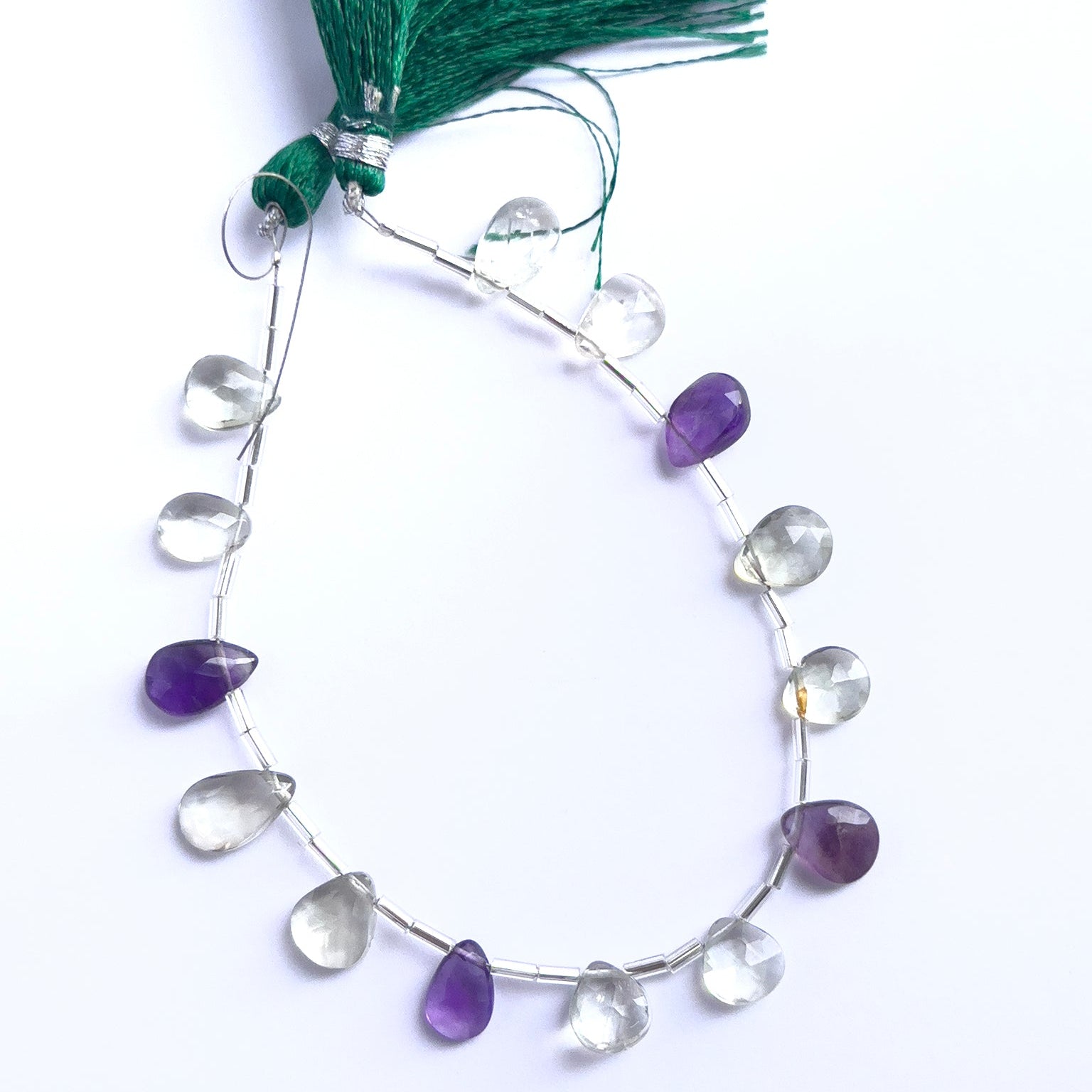 Natural gemstone beads for DIY jewellery, mixed amethyst briolettes with vibrant green and purple hues.