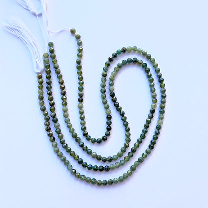 Strand of green tourmaline faceted sphere beads 3.5mm ideal for delicate necklaces and artisan DIY jewellery projects.