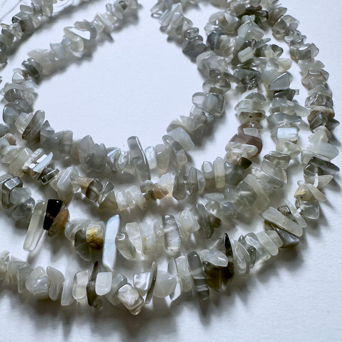Handmade jewellery components with Grey Moonstone chips in varied sizes, ideal for layering and custom designs.