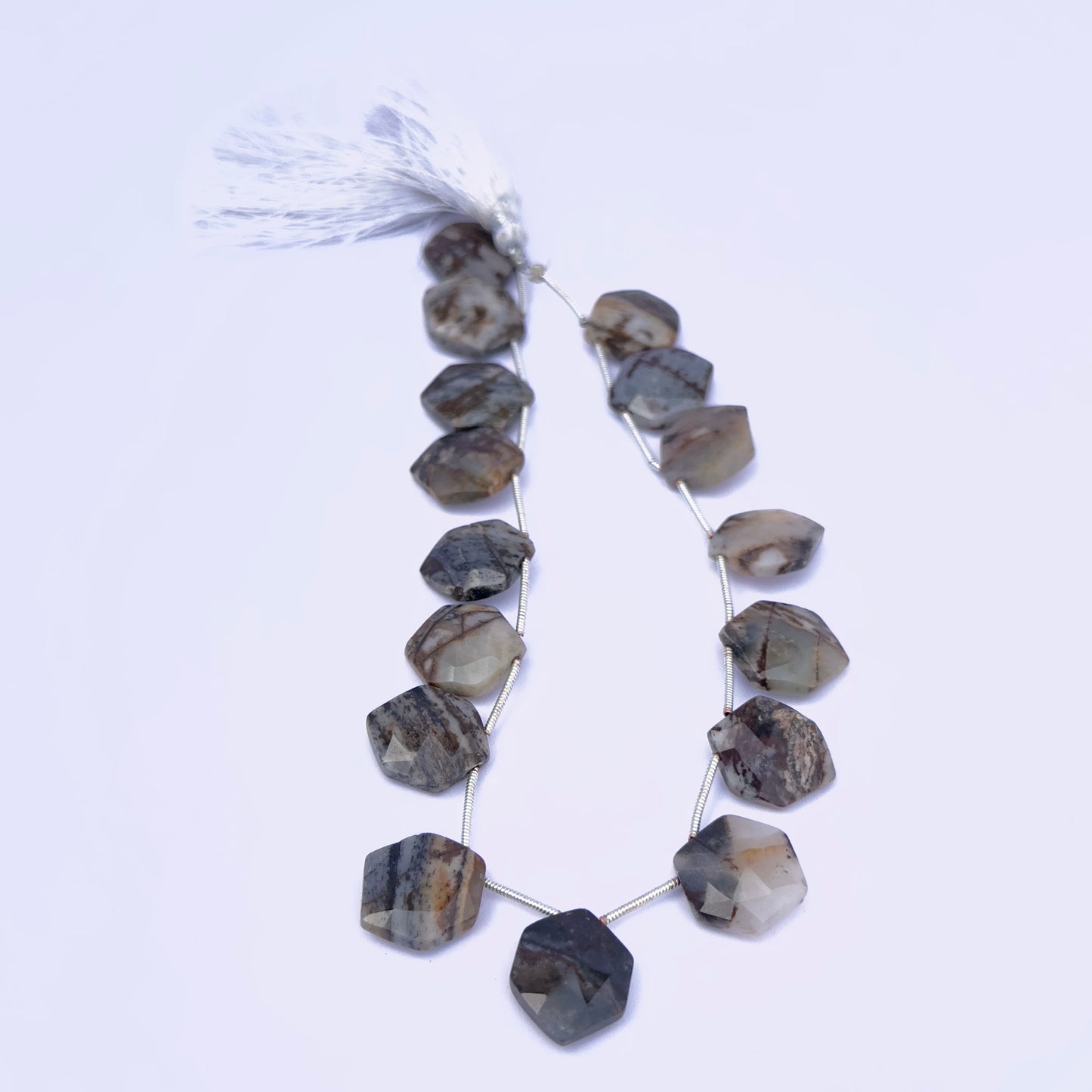Jasper hexagon faceted natural gemstone beads in 13.5–14mm, arranged to show colour and shine.