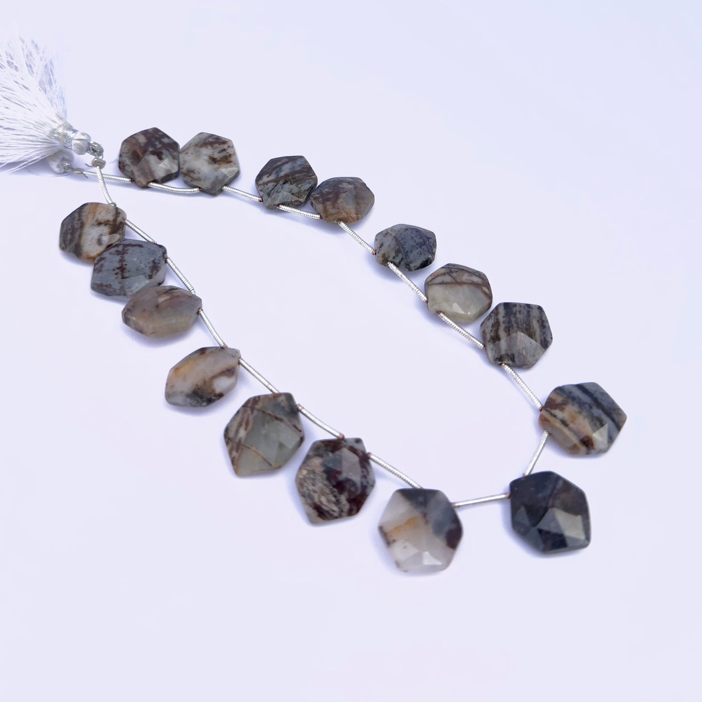 Natural gemstone beads in Jasper, showcasing 13.5–14mm faceted shapes for DIY jewellery.