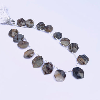 Natural gemstone beads in Jasper, showcasing 13.5–14mm faceted shapes for DIY jewellery.