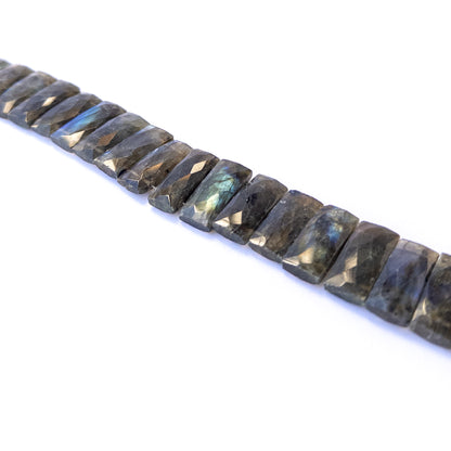 Genuine labradorite stone beads with polished faceted rectangle shaping, ideal for DIY jewellery and artisan beadwork.