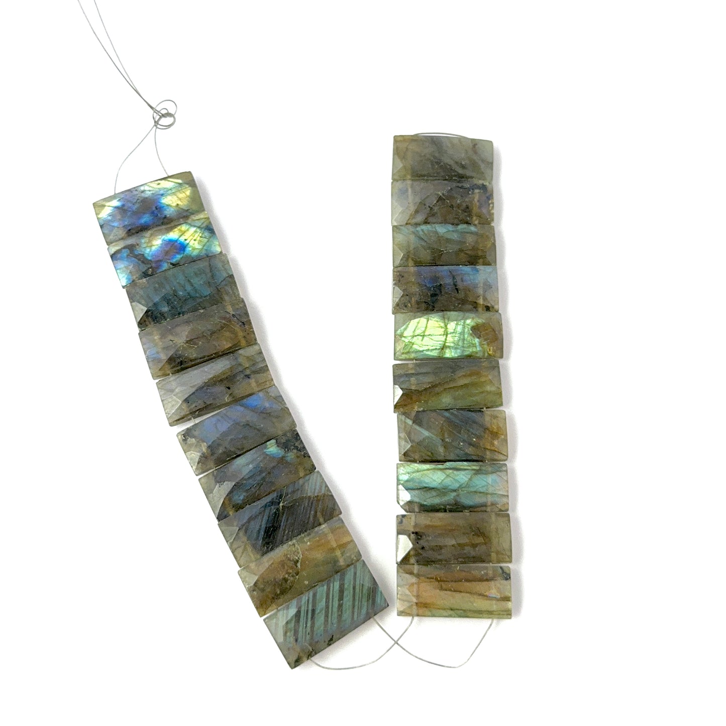 Close view of Labradorite faceted rectangle stone beads showing cut, clarity and shimmer for DIY jewellery makers.