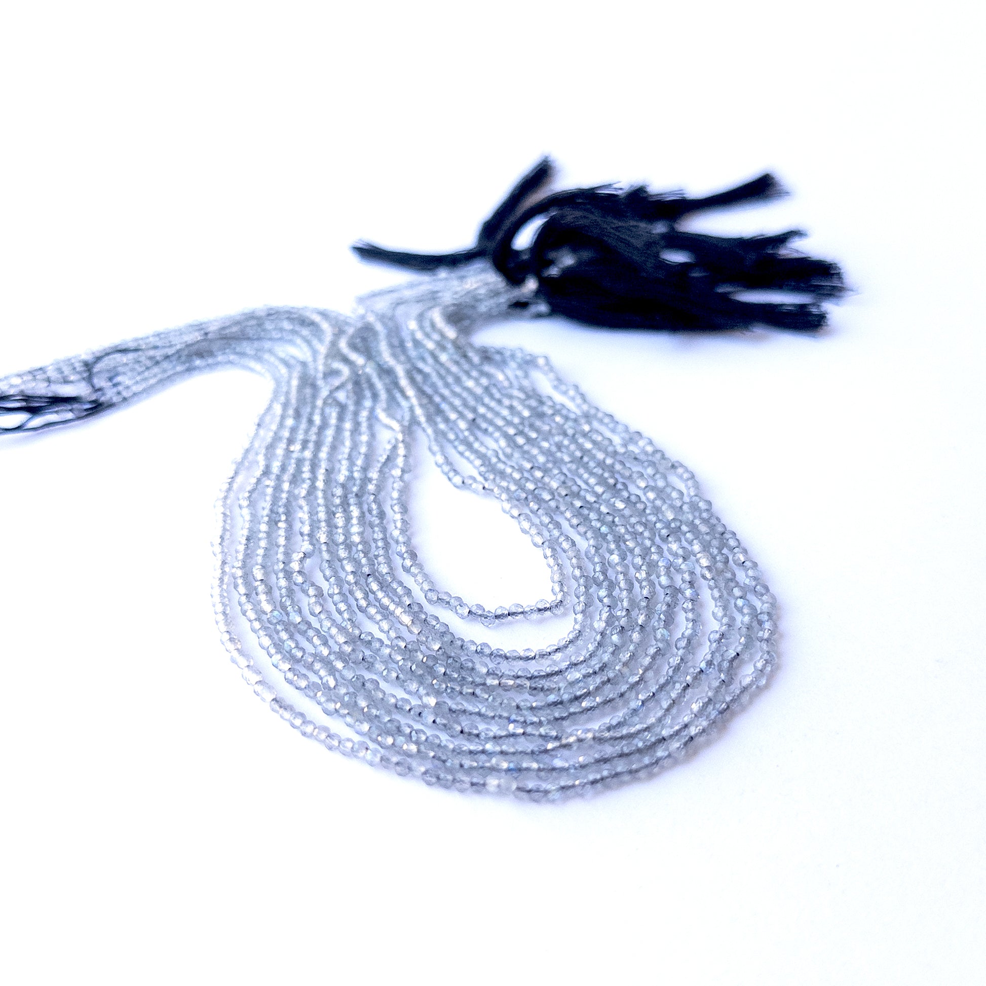 Close‑up of Labradorite faceted rondelle beads highlighting sparkle, labradorescence, and quality for DIY jewellery making.