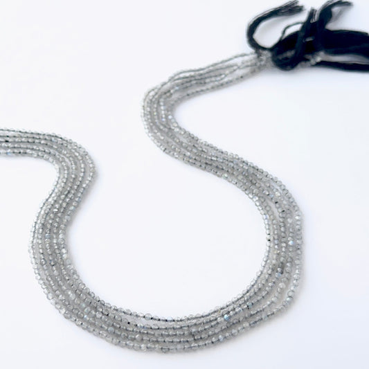 Small Labradorite faceted rondelles arranged neatly, highlighting their sparkle and handmade jewellery component quality.