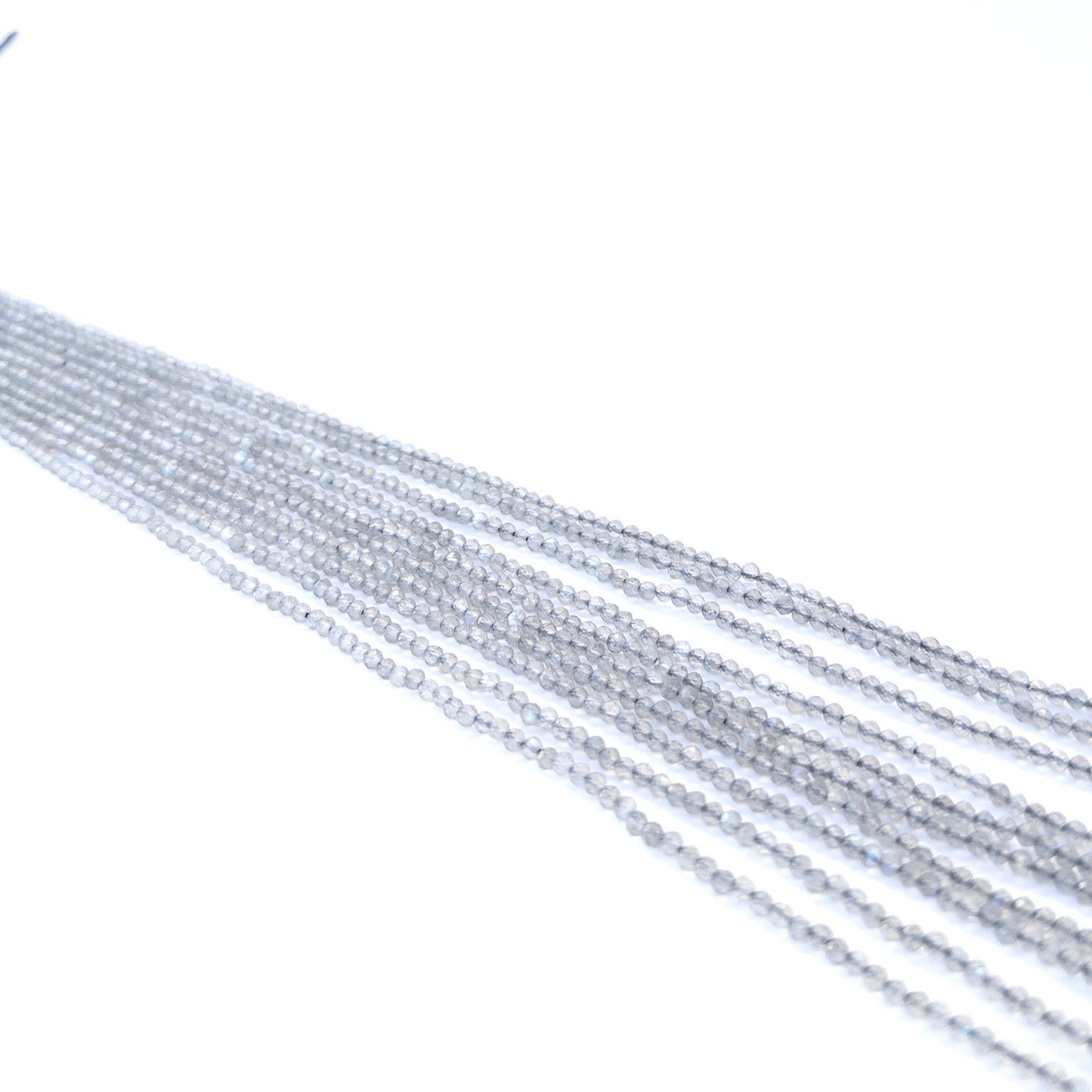 Close‑up of genuine labradorite faceted rondelle gemstone beads with natural shimmer for DIY jewellery making.
