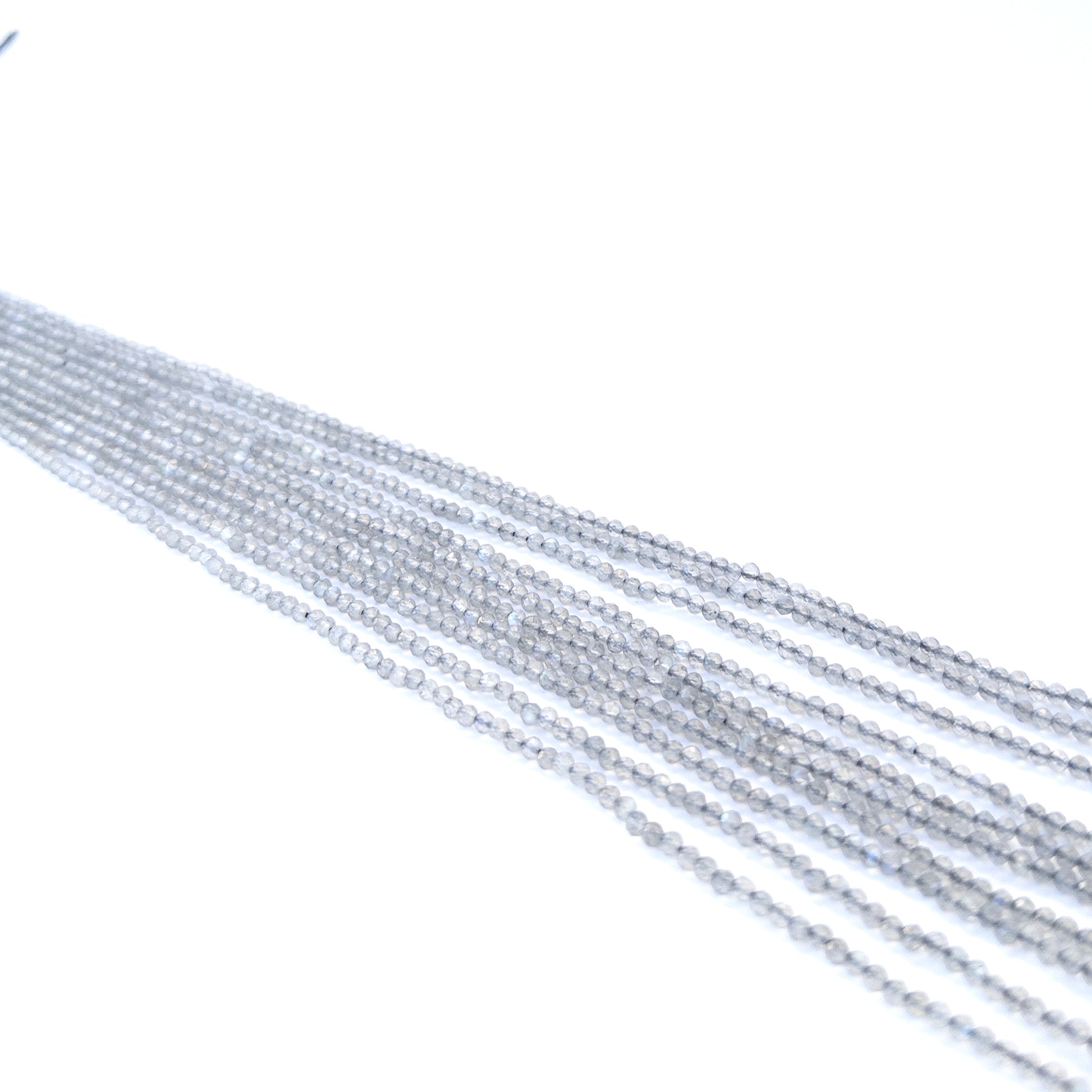 Close‑up of genuine labradorite faceted rondelle gemstone beads with natural shimmer for DIY jewellery making.