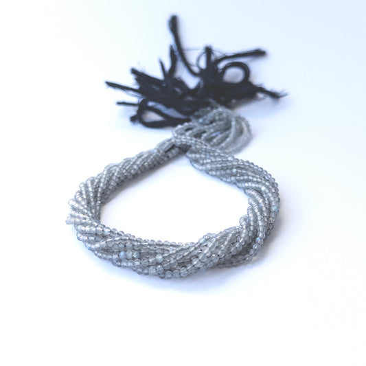 Labradorite faceted rondelle beads in 2.7mm size arranged in a strand, showing soft blue flashes for handmade jewellery components.