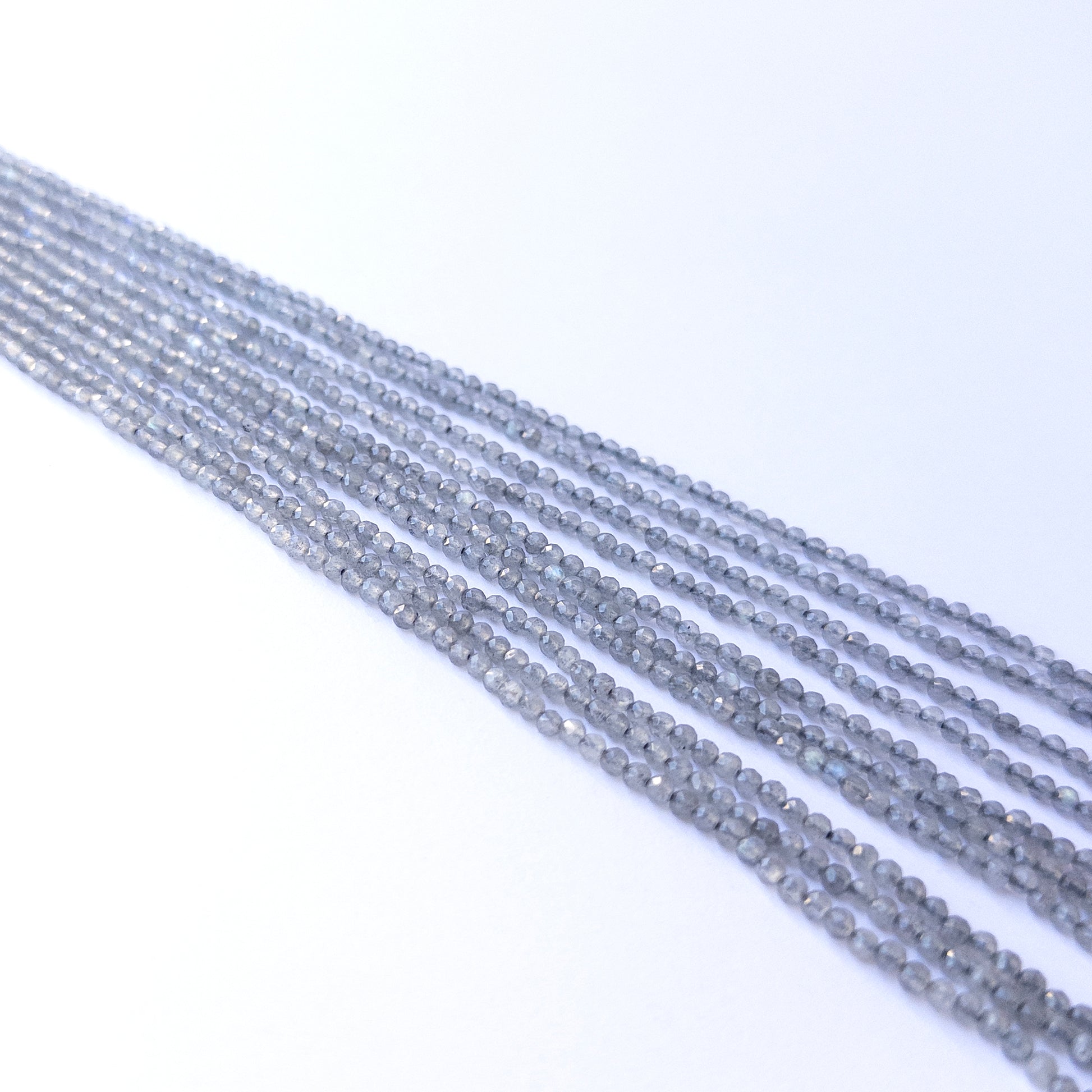 Genuine Labradorite gemstone beads in faceted rondelle shape, displaying polish, shimmer, and natural beauty for jewellery crafting.
