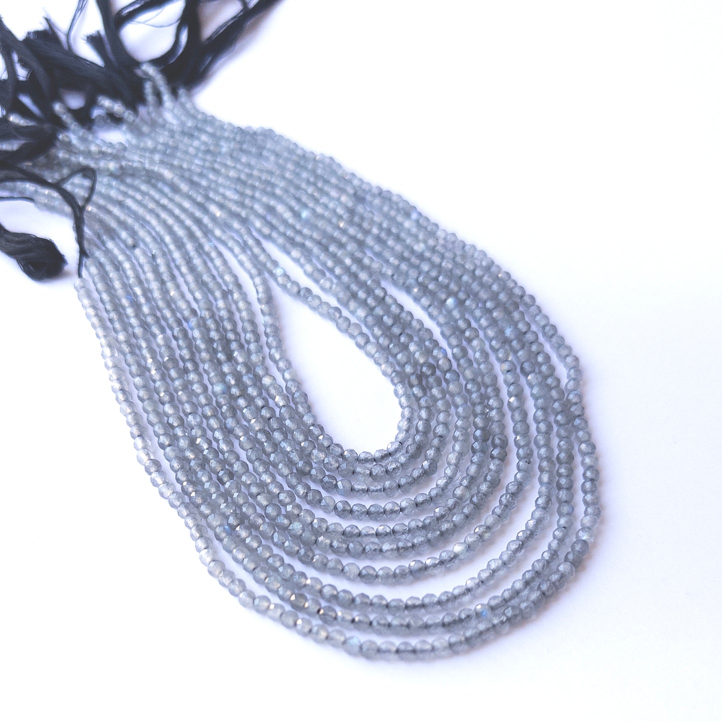 Close‑up of authentic Labradorite faceted rondelle stone beads highlighting sparkle, labradorescence, and quality for DIY jewellery making.