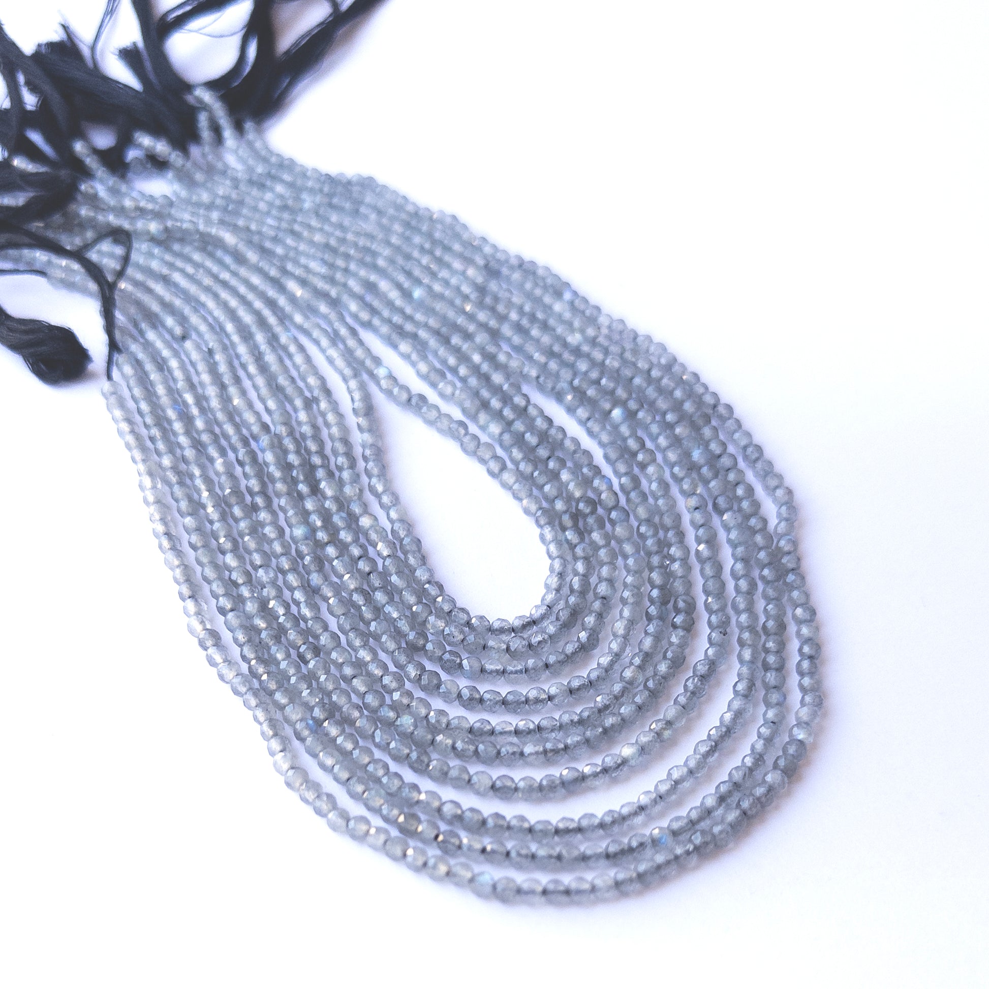 Close‑up of authentic Labradorite faceted rondelle stone beads highlighting sparkle, labradorescence, and quality for DIY jewellery making.