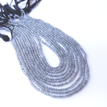 Close‑up of authentic Labradorite faceted rondelle stone beads highlighting sparkle, labradorescence, and quality for DIY jewellery making.