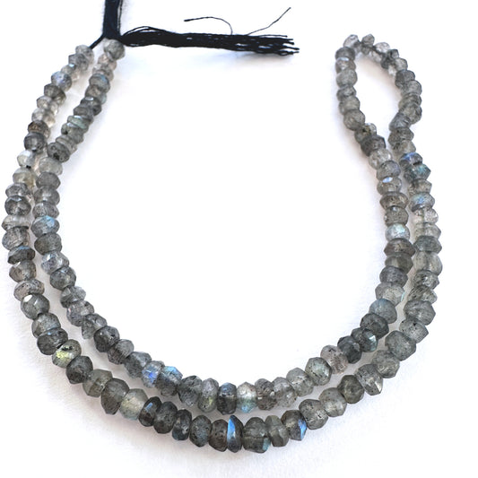 Labradorite faceted rondelle beads with flashes of blue, green, and gold arranged on a 32cm strand for jewellery making.