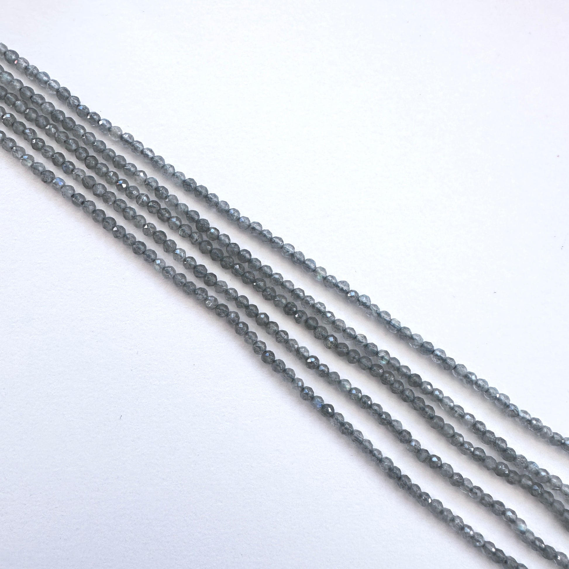 Labradorite stone beads with consistent faceted rondelle cut and premium clarity.