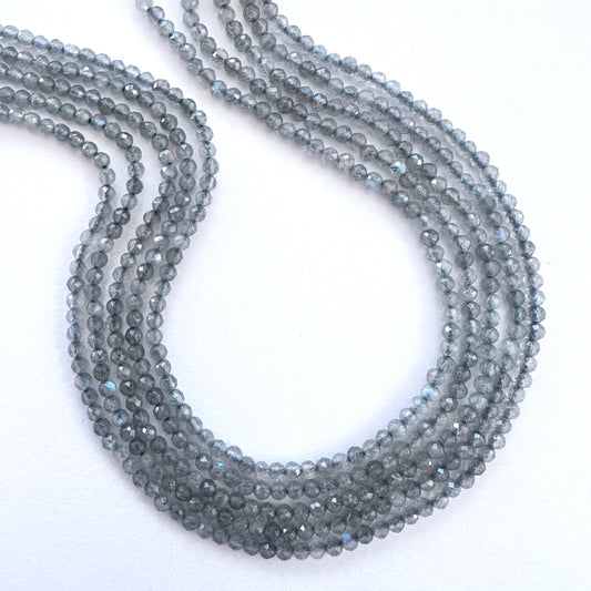 Close-up of Labradorite faceted rondelle beads with natural shimmer and polished finish.