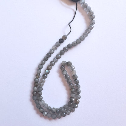 Close-up of Labradorite beads showcasing their luminous flashes and precision cut.