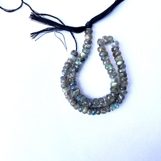 Close-up of 6.3-6.5mm Labradorite beads arranged in a 26cm strand.