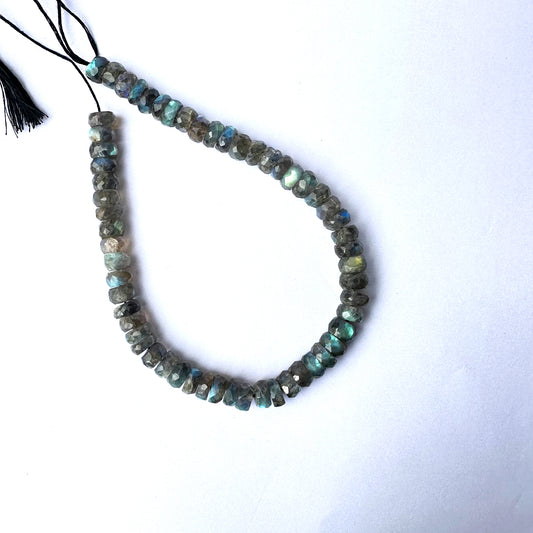 Faceted Labradorite rondelle beads with 8.0–8.2mm size and shimmering blue-green hues.