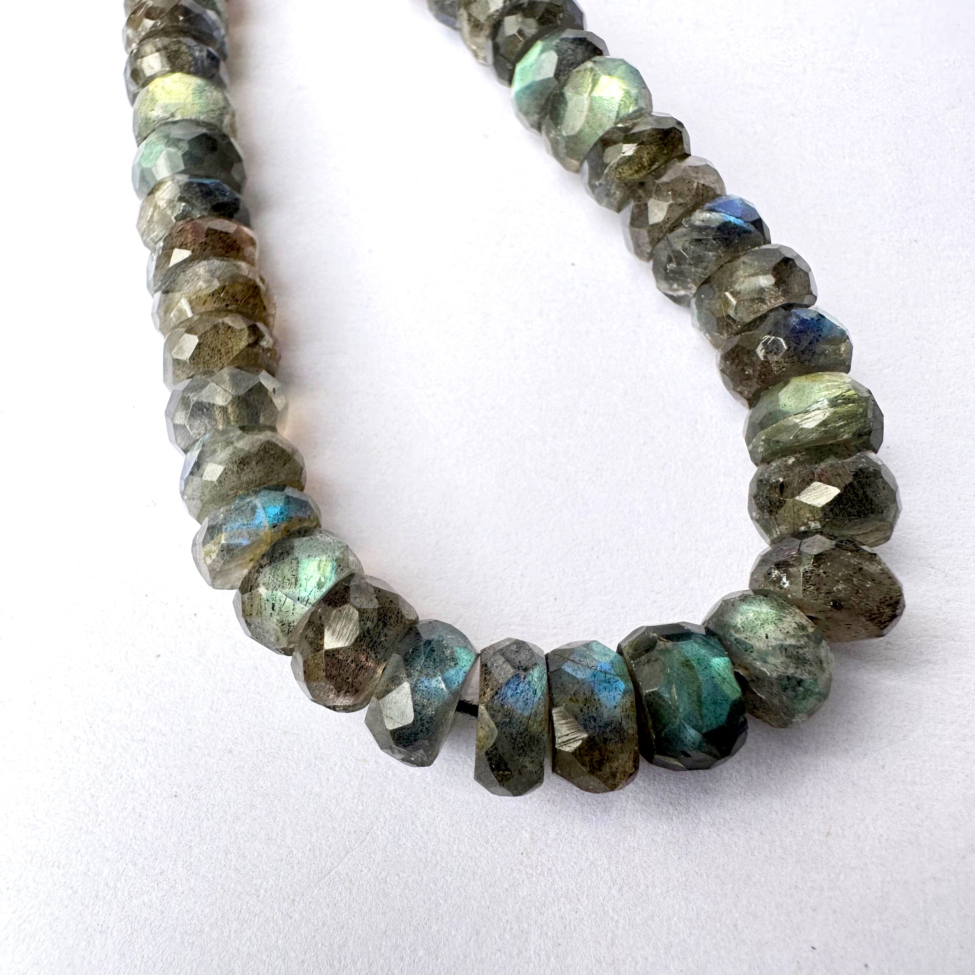 Close-up of Labradorite beads showing precise faceting and natural iridescent glow.