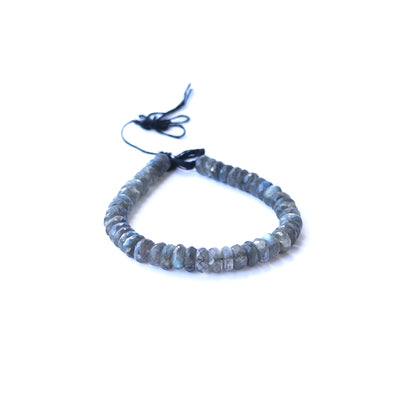 Labradorite faceted rondelle beads in 8.5–9mm size arranged in a strand, showing blue flashes for handmade jewellery components.