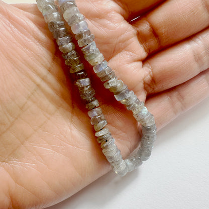 A person holds delicate strands of Labradorite beads, showcasing their smooth design.
