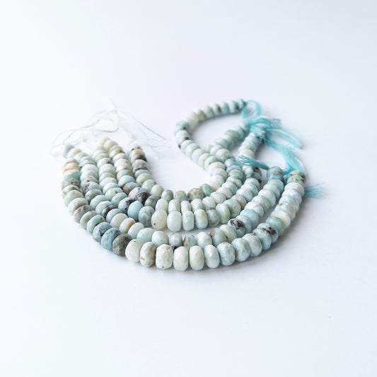 Larimar faceted rondelle beads in 7.3–8mm size on a 16cm strand, showcasing genuine gemstone sparkle for handmade jewellery.