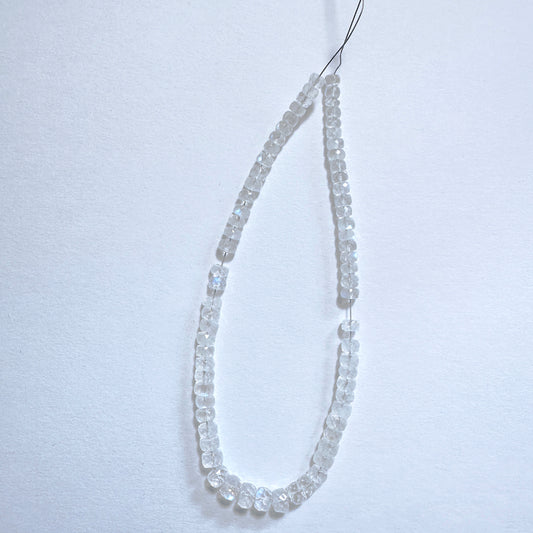 Moonstone faceted rondelle beads in 4-5.5mm size with soft shimmer and polished finish on a 20cm strand.