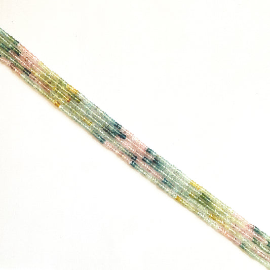 Faceted Multi Aquamarine rondelle beads in 3.0–3.2mm sizing with sea-inspired colours and polish.
