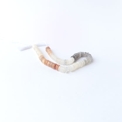 Genuine Multi Moonstone stone beads arranged in a 20cm strand, showcasing subtle sheen and smooth wheel shaping.