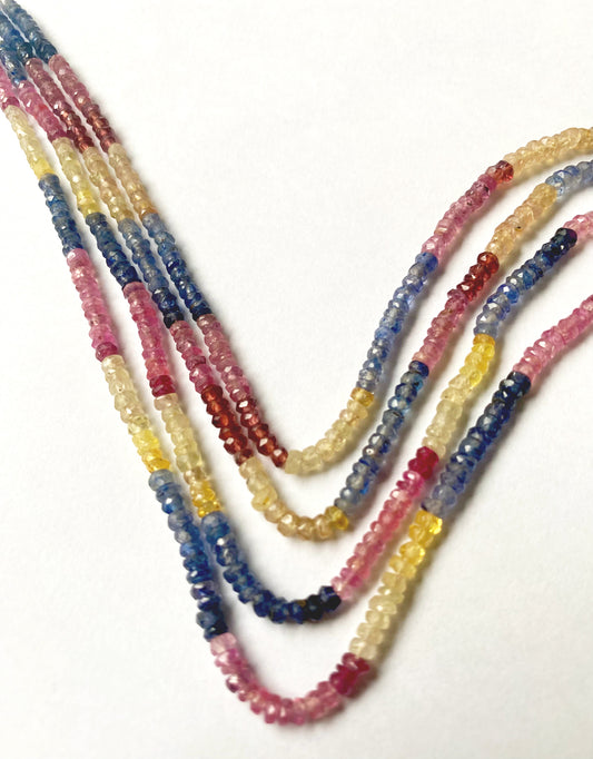 Colourful Multi Precious faceted rondelle beads with 2.8-3.2mm size arranged on a 36cm gemstone strand.