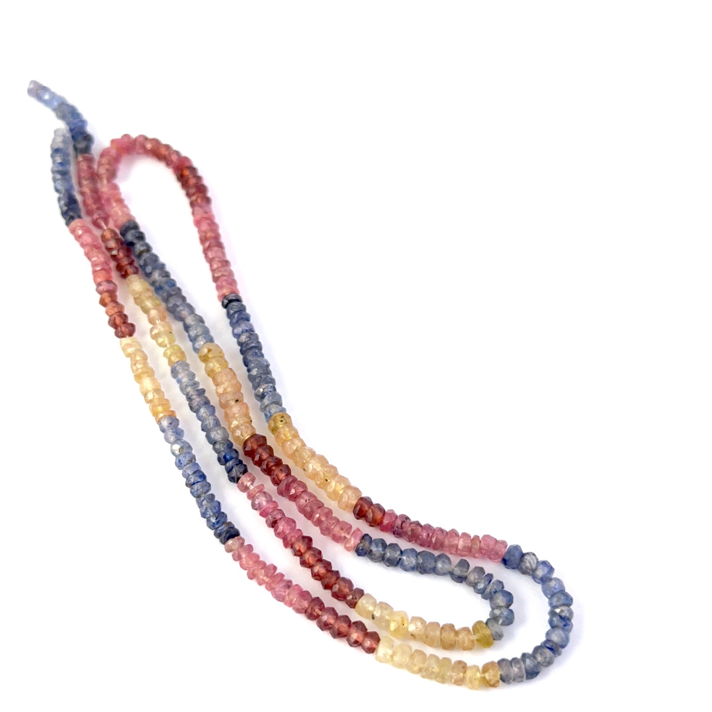 Close view of Multi Precious faceted rondelle beads showing cut, clarity and shine across the mixed gemstone strand.