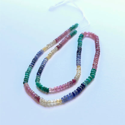 Gemstone beads faceted rondelle 3.3–4mm featuring ruby, yellow sapphire, blue sapphire and emerald for artisan designs.

