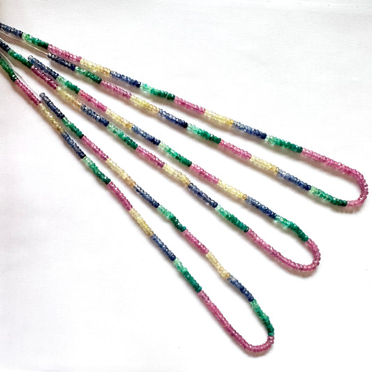 Faceted blue sapphire beads with radiant shine arranged neatly in a 41cm strand.