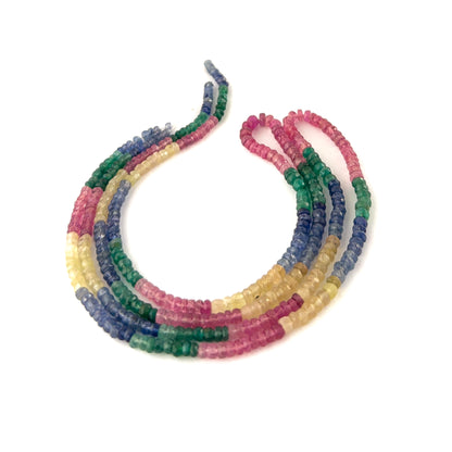 Genuine multi precious gemstone rondelles in 3.5–4mm size, offering vivid colour variation and crisp faceting in a 61‑carat strand.